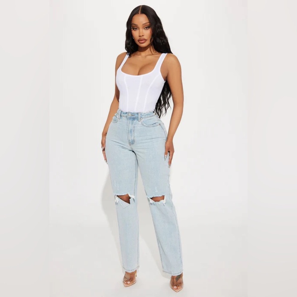 Fashion Nova Calling It Ripped Straight Leg Jeans - Light Wash Distressed Denim